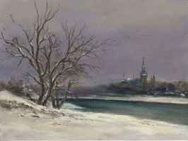 Öl auf Papier, "Winter an der Elbe bei Kaditz ", 18 x 24 cm