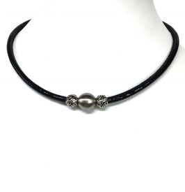Halskette Leder schwarz Edelstahl Beads Magnetverschluss gebürstet handgefertigt