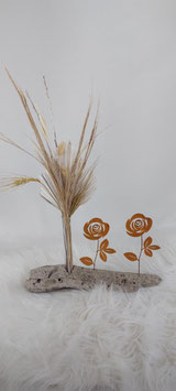 Treibholz mit Reagenzglas – Trockenblumen & 2 Rost-Rosen