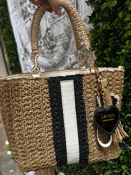 Cabas raphia bande noire et blanche