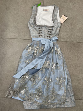 Dirndl Gr. 36 Flori in blau grau silber von Bergfeuer Stockerpoint mit Spitzenschürze, Rocklänge 69 cm, UVP 270 EUR