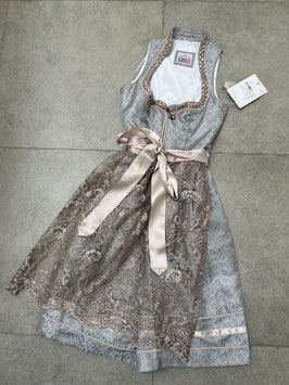 Dirndl silber/nutria Gr. 36 mit Stehkragen und Spitzenschürze, Rocklänge 65 cm