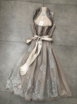 Dirndl Gloria Gr. 32 in taupe mit Stehkragen und Glitzerkragen, Spitzenschürze, UVP 325€