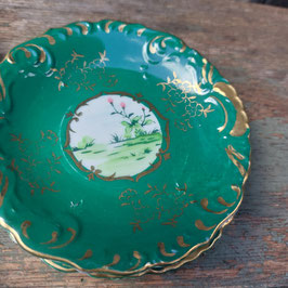 Leuke Franse brocante petit fours bordjes groen goud, 10 cm, prijs voor de set van 6