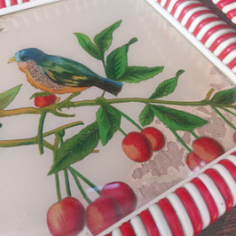 Schitterend vintage dienblad met beschildering achter glas, met glasglitter en mooie kleuren, afmetingen 35 x 22 cm