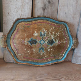 Prachtig brocante Florentijns dienblad met goud, blauw en roze (zeldzaam) 59 x 39 cm