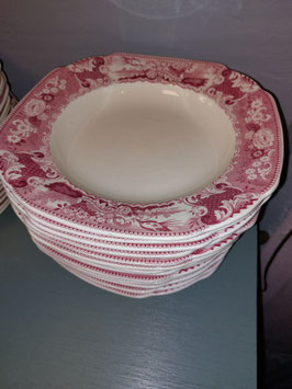 Prachtige pasta of saladeborden decor Victoria oud rood van Societe Ceramique Maestricht, datering 1930, 25 cm, set van 4 stuks
