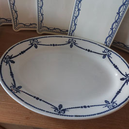Mooie Franse brocante ovale schaal met blauw decor, 35 x 25 cm