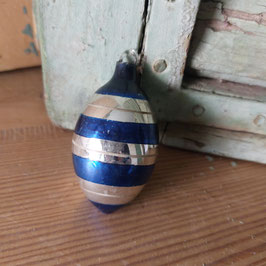 B1109 oude kerstbal Ajeko olijf blauw gestreept glazen oogje 6,5 cm