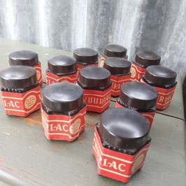 brocante art deco glazen potjes met bakelieten deksel, met vuurlac en 1x silverlac, afmetingen 6 x 5 cm prijs per stuk