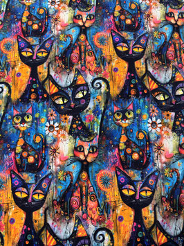 French Terry Druck XXL - Katzen Blumen Aquarelle