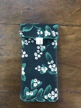 Etui à lunettes fleurs sur fond vert sombre, intérieur vert