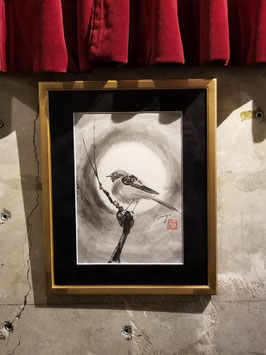 Daurian Redstart, Framed Sumi-e Painting, Japanese Ink Art