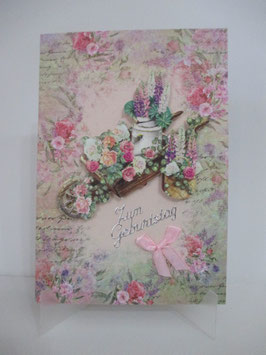 Grußkarte Geburtstagskarte Neutral Blumen  Schubkarre Rosa