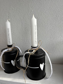 Blechdose mi abnehmbarem Deckel. Beschriftete Kerze