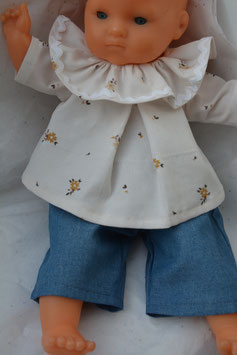 Ensemble poupée 36 cm : blouse velours fleuri pantalon bleu