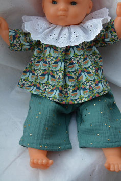 Ensemble poupée 36 cm Liberty Strawberry feast pantalon gaze verte pois dorés