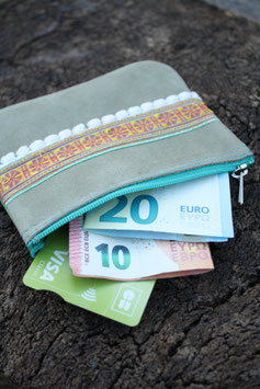 Porte-monnaie cuir nubuck sauge galon indien N°9