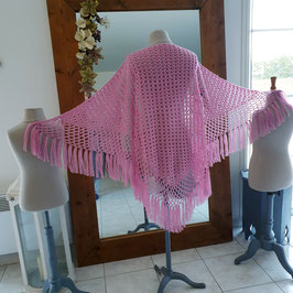 Grand châle rose en laine, tricoté main au crochet, franges, 180x95cm, vintage, Laurine Masset #31