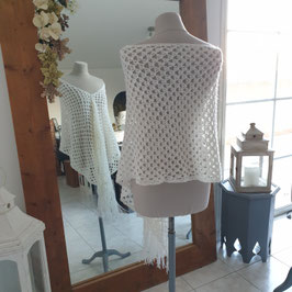 Etole Châle de mariée bohême en laine blanc cassé, tricoté fait main au crochet, vintage, petites coquilles, 220x47 cm, Laurine Masset #27