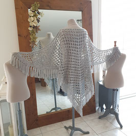 Grand châle GRIS en laine, tricoté main au crochet, franges, 180x95cm, vintage, Laurine Masset #32