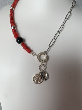 Collier maille diamanté argenté et rondelles Heishi Rouge