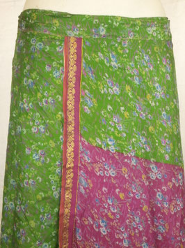 Jupe mi longue en pure soie Verte et fuschia, non réversible