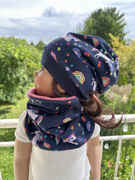 Winter Beanie Mütze Loopschal gefüttert " Einhorn Regenbogen " KU 44-58