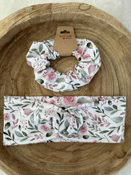 Stirnband wahlweise mit Haargummi Accessoires Kinder & Erwachsene " Rosen rosa/grün "
