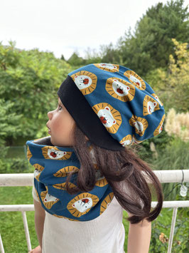 Winter Beanie Mütze Loopschal gefüttert " Löwe auf petrol " KU 42-58