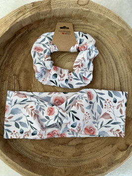 Stirnband wahlweise mit Haargummi Accessoires Kinder & Erwachsene " Rosen rosa/blau "