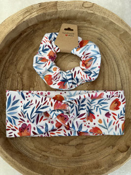 Stirnband wahlweise mit Haargummi Accessoires Kinder & Erwachsene " Aqua Blumen "