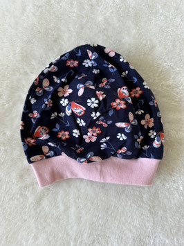 Bündchen Beanie Mütze einlagig " Schmetterlinge auf dunkelblau " KU 44-58