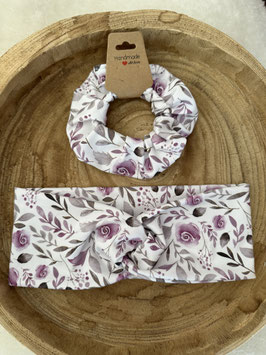 Stirnband wahlweise mit Haargummi Accessoires Kinder & Erwachsene " Rosen weiß/lila "