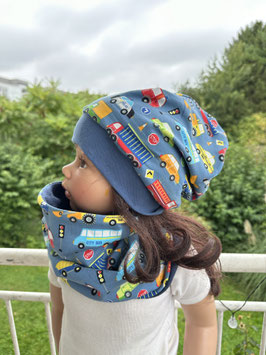 Winter Beanie Mütze Loopschal gefüttert " Autos auf blau " KU 42-58