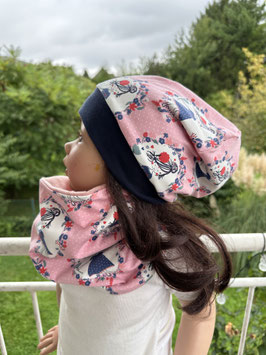 Winterset Beanie Mütze Loopschal gefüttert " Mädchen auf rosa" KU 48-54