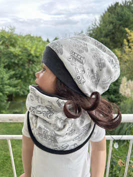 Winter Beanie Mütze Loopschal Alpenfleece gefüttert " Baustellenautos auf grau" KU 51-54