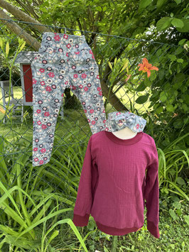 Mädchen Outfit Musselin Oversize Pullover Legging Stirnband Dreieckstuch " Blumen auf grün/bordeaux " Größe 116