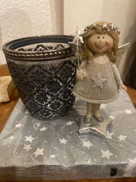 Geschenkeset mit Teelicht anthrazit, Engel Clara und passender Serviette