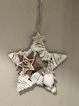 Adventsstern weiss mit Wichtel braun mit Tannenbaum