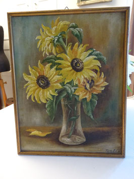 Kleines Ölgemälde - Sonnenblumen in einer Vase (D)