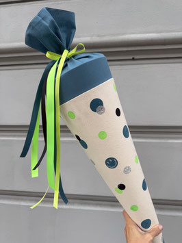Schultüte Dots (petrol dunkel/schwarz/petrol/neongrün/Glitzersmiley silber)
