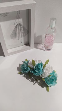 Peigne fleuri turquoise et blanc