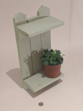 76. Green chalk painted, 'Shabby Chic' rustic wooden double shelf.