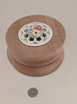 29. Hand-turned wooden pomander with floral ceramic lid.