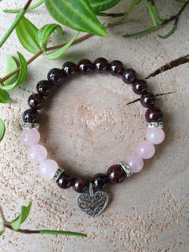 Armband Granaat & Rozenkwarts met hart hanger