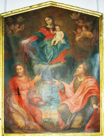 Farinole - Eglise Saints-Côme et Damien - Remise du scapulaire avec Luc (et sa palette ?) et à gauche peut-être Hommebon de Crémone (ciseaux)