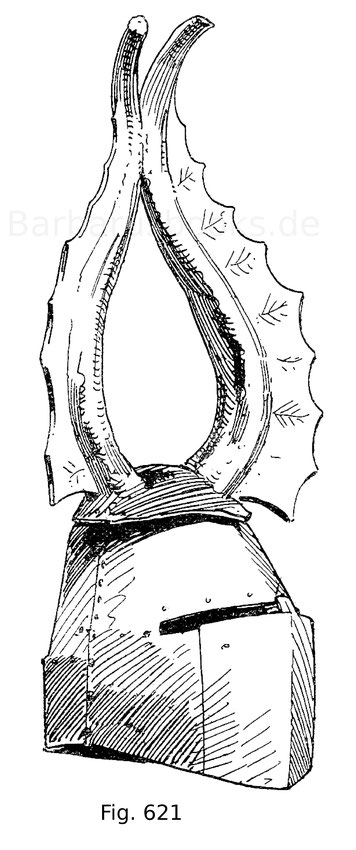 Fig. 622. Topfhelm eines Angehörigen der steirischen Familie Pranckh, aus Eisen mit linksseitiger Verstärkung der Helmwand für das Gestech. Deutsch. Mitte 14. Jahrhundert. Das Zimier, aus Leder und vergoldet, ist etwas jünger und stammt aus dem Anfang des