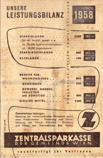 Bilanz der Zentralsparkasse 1958. Inserat von Traimer.