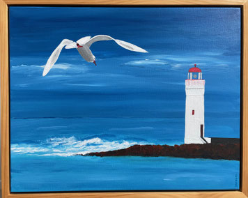 "Gull over the Lighthouse" 55cm x 45cm Acrylic on canvas, pinewood frame $350 (excluding freight)